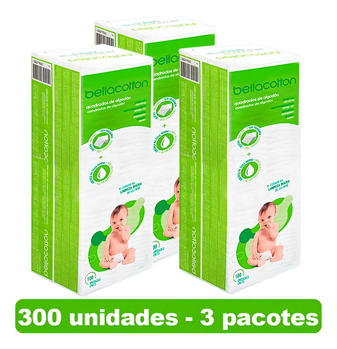 Algodão Quadrado Bellacotton 3 Pacotes com 100un Cada - Uso Higiêne Bebê, Estetica, Limpeza