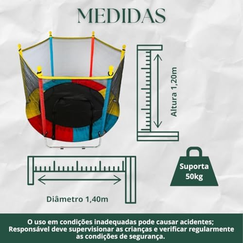 Cama Elástica Infantil com Rede de Proteção, diâmetro 140cm X altura 120cm, Colorida, pula pula para Interior e Exterior ELORIA