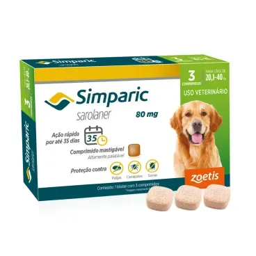 Antipulgas Simparic 80mg para Cães 20 a 40kg 3 comprimidos
