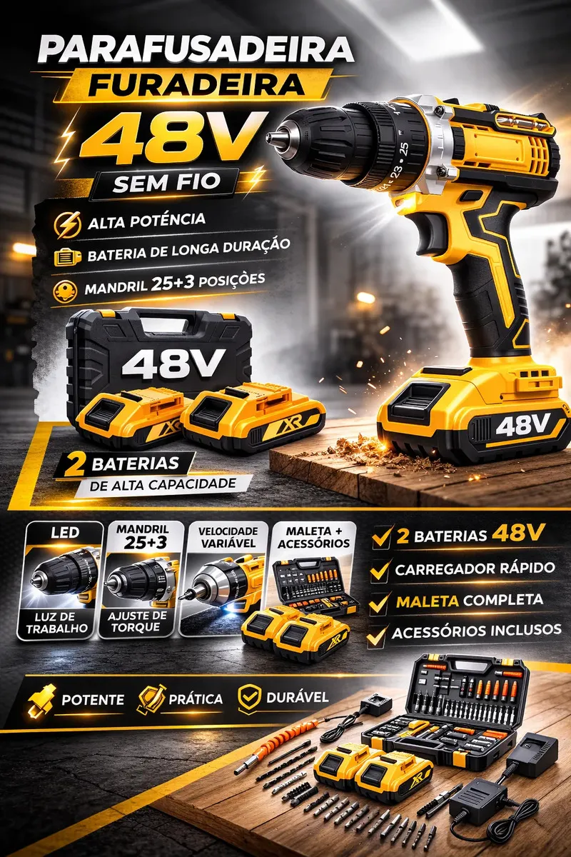 Parafusadeira Furadeira 48v Profissional 2 Baterias Sem Fio