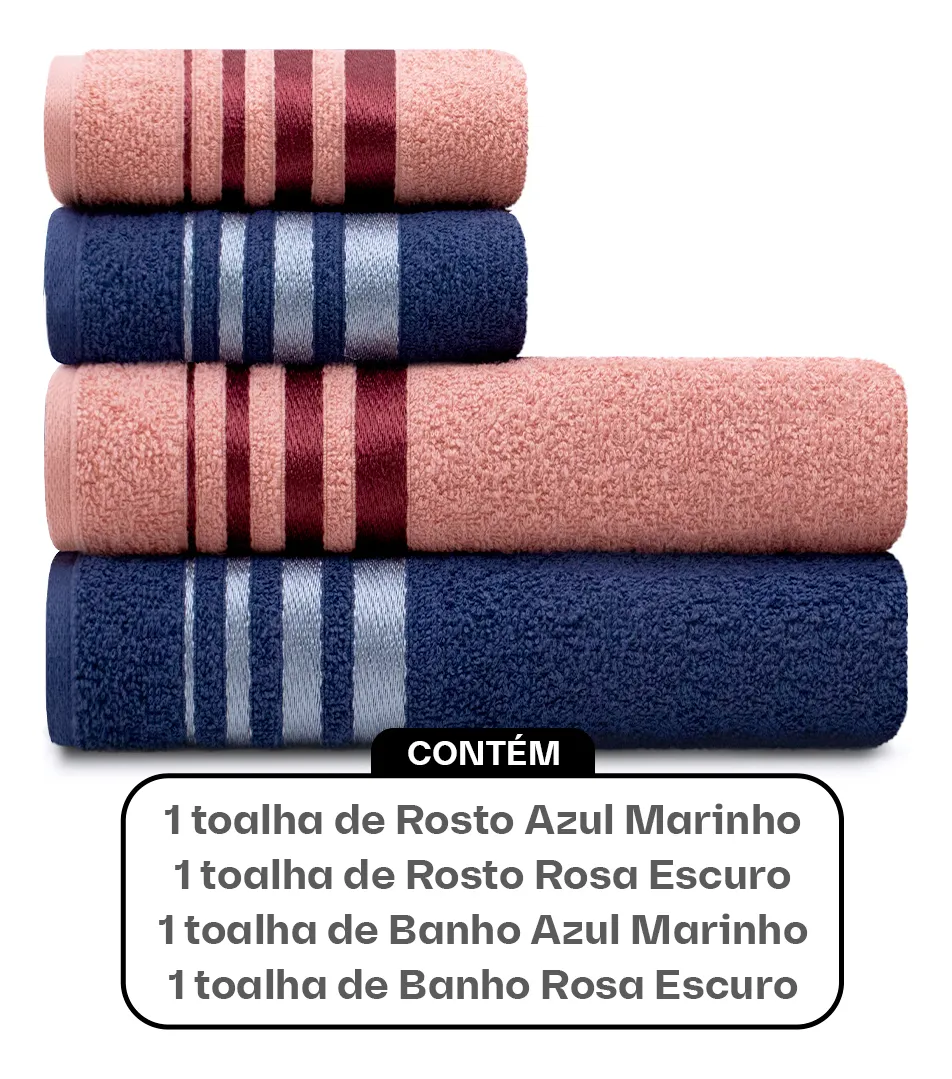 Jogo Toalhas De Algodão 4 Banho E Rosto Rosa E Azul Karsten