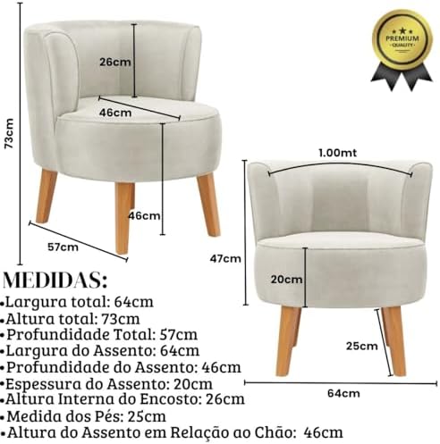 Kit 2 Poltronas Cadeira Elegante para Sala de Estar Tecido Veludo MOBLAN decor (Bege)