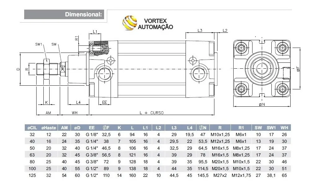 Cilindro Pneumático Iso 6431 Dupla Ação Ø80 X 120mm Curso