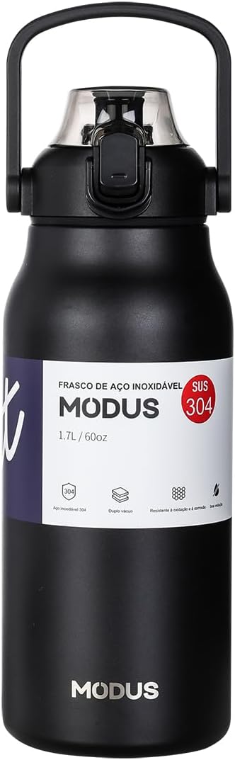 MODUS Garrafa Térmica De Grande Capacidade Em Aço Inoxidável Com Canudo 1700ML (Preto)