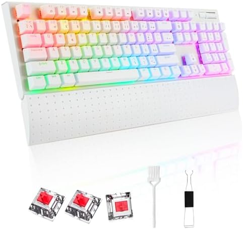 Teclado Mecânico com Iluminação LED RGB, Layout ANBT 2, Apoio de Pulso Magnético Removível, Teclado que Suporta Hot-swap de Soquetes，Switch Vermelho, Conexão USB (Branco)