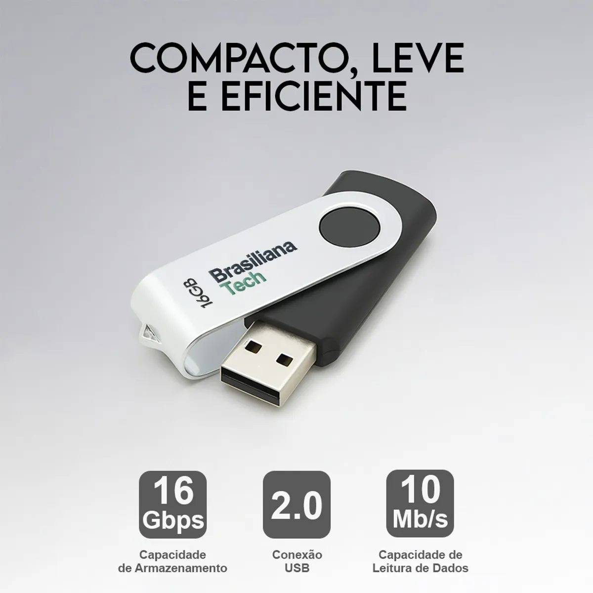 Pendrive 16gb Usb 2.0 Preto Pen Drive Compacto Leve Rápido Memória Flash Drive Compatível Com Windows Linux Macbook Som Automotivo Armazenamento Seguro Durável Resistente Brasiliana Tech