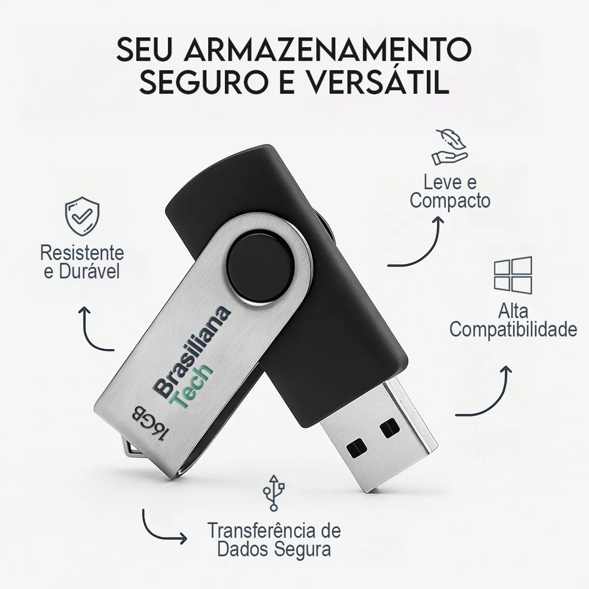 Pendrive 16gb Usb 2.0 Preto Pen Drive Compacto Leve Rápido Memória Flash Drive Compatível Com Windows Linux Macbook Som Automotivo Armazenamento Seguro Durável Resistente Brasiliana Tech