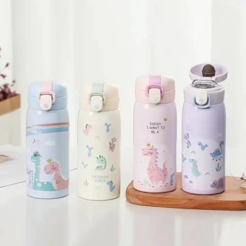 Garrafa Térmica Garrafinha Térmica Infantil Inox Canudo Trava 350 ml - Desenho dinossauro Coelho Carneiro Panda - TYDA (DINO VERDE CLARO)