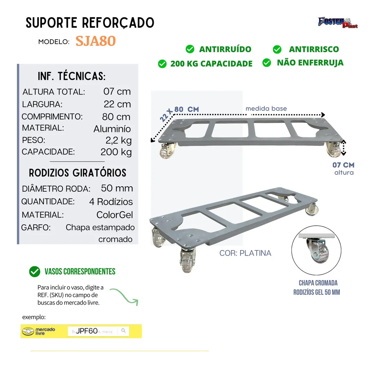 Suporte Retangular Aluminio Com Rodas De Silicone Gel 80x22