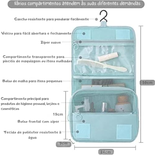 Bolsa Necessaire Maquiagem Cosméticos Viagem Com Divisória e Cabide para Pendurar Organizador de Maquiagem Shampoo Perfumes Higiene Pessoal (Preto)