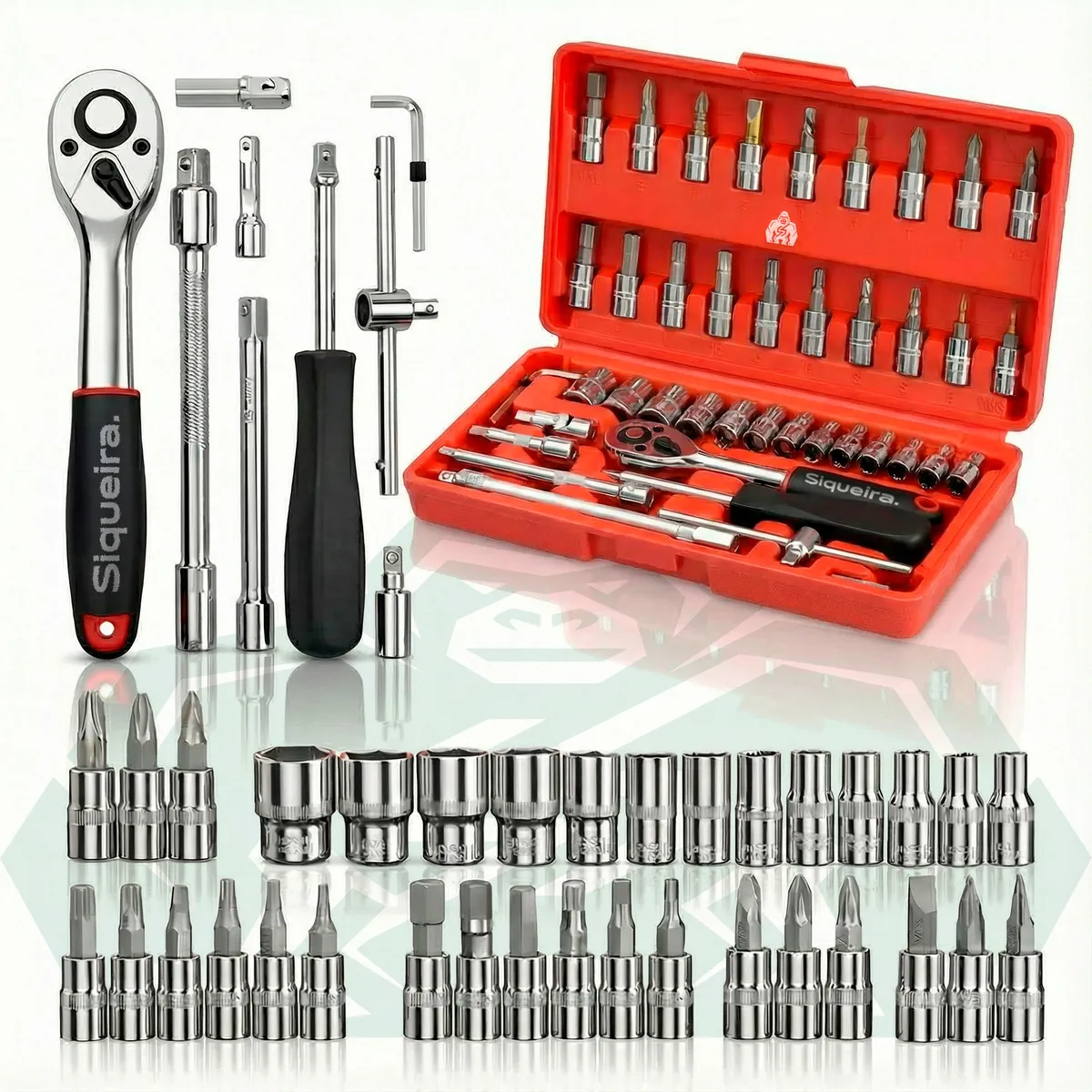 Jogo De Soquete S Siqueira Aço Crv 1/4 Catraca Chave Allen Fenda Philips Com Maleta Kit 46 Peças Ferramentas Profissional Completa