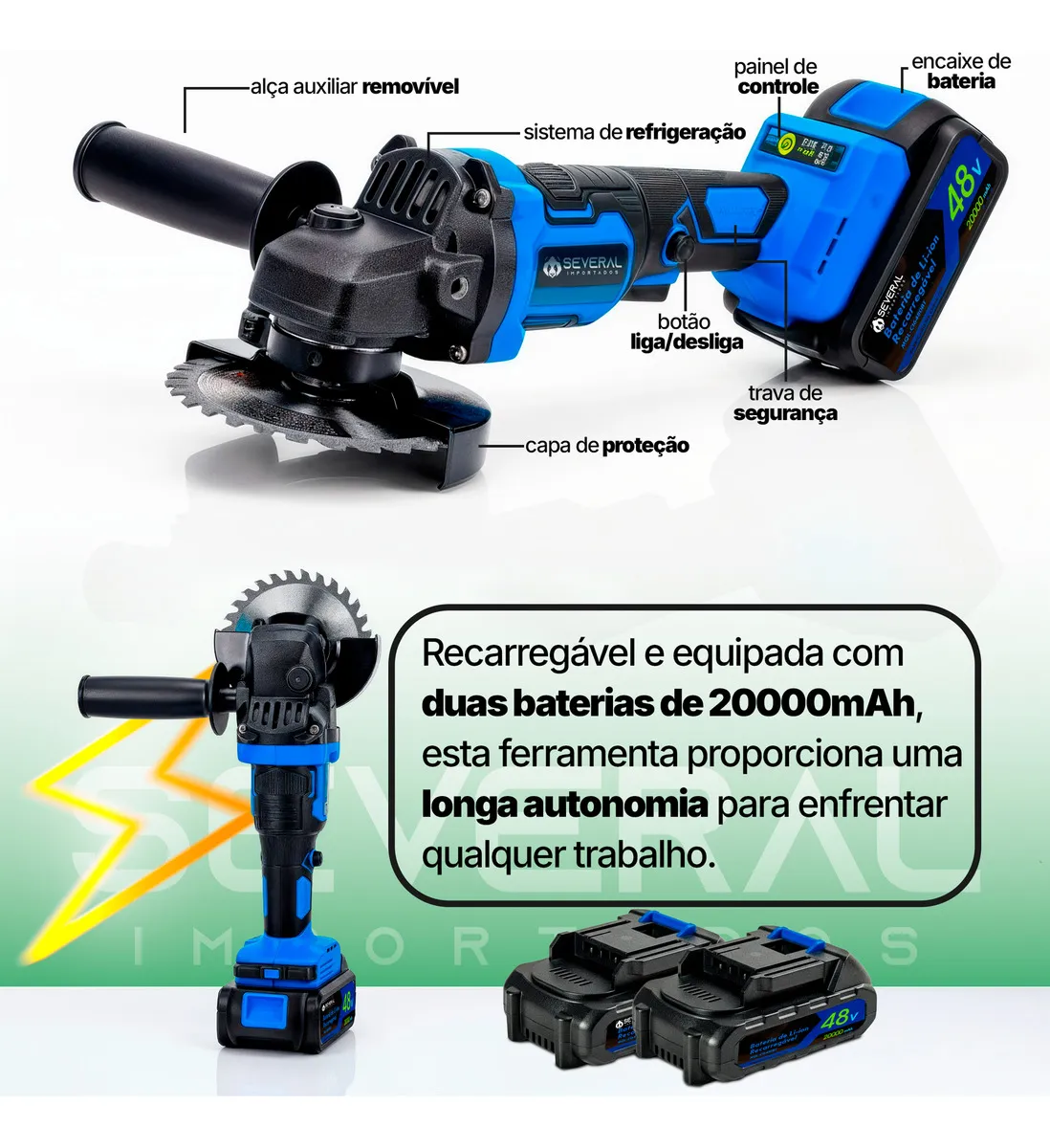 Esmerilhadeira Elétrica Angular Several Importados S Siqueira Lixadeira Potente Corte Fácil Sem Fio 48v 2 Baterias