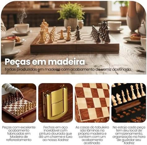 Jogo Xadrez Clássico Profissional Grande Luxo Tabuleiro Peças 100% Madeira Reflorestada Acabamento em Verniz com Rainhas Extras