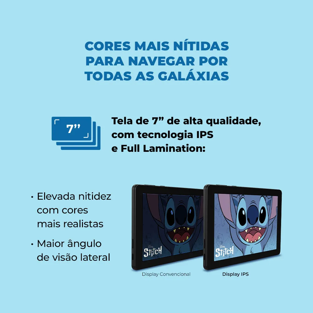 Tablet Infantil Stitch Positivo Vision Tab 7 - Processador Octa-Core 3GB RAM 64GB Armazenamento, Tela 7 IPS, Bateria 3100mAh, Android 14 GO, Wi-Fi - Inclui Capa de Proteção e Capa de Transporte