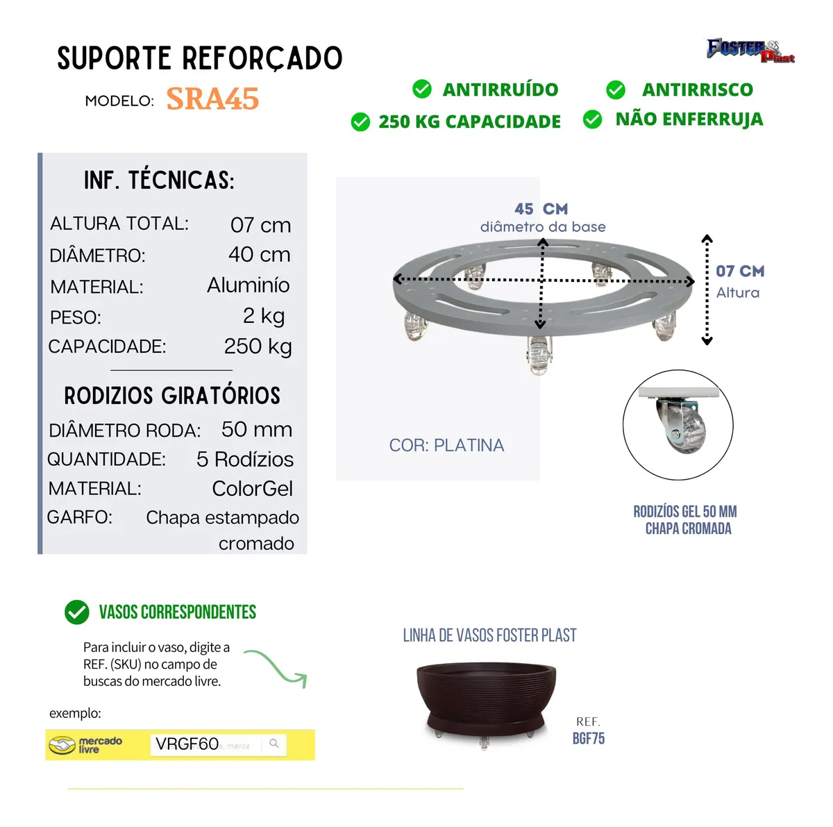 Suporte Rodízios Base P/ Vasos Redondo Silicone Gel R 45x45