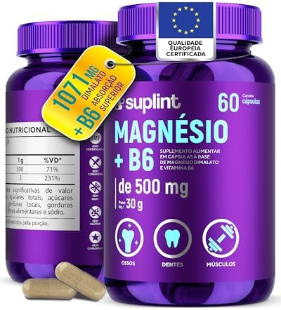 Magnésio Dimalato 1071 mg com Vitamina B6 – Suplemento de Magnésio Vegano | Sem Glúten e Sem OGM – 60 Cápsulas