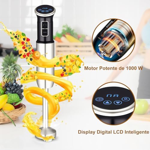 6 em 1 mixer de mão, 1000W, 8 velocidades, Exibição digital LCD, Vem com um copo de 860 ml, Triturador de 600 ml, Batedor de aço inoxidável com 4 pás, Adequado para sopas, smoothies e purés(127V)