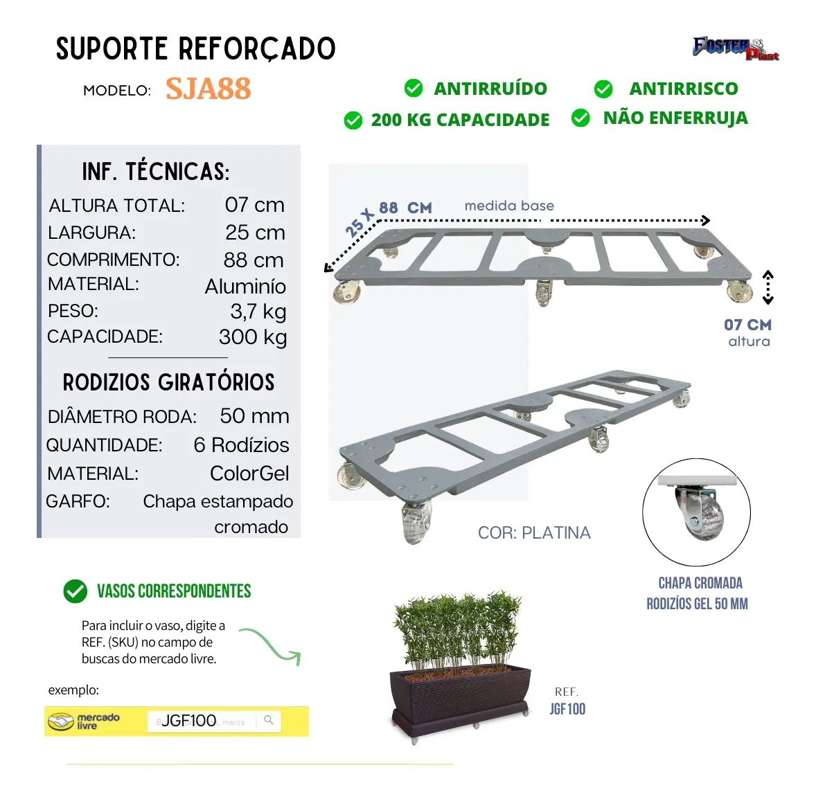 Suporte Base De Aluminio Floreira C/ Roda Silicone Gel 88x25