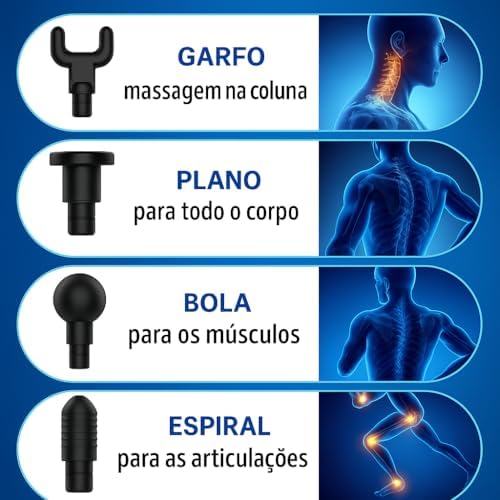 Massageador Elétrico Pistola Muscular Profissional Recarregável 4 Ponteiras Massagem Relaxante Alívio Dores Pós-Treino Miofascial Fitness Corpo Inteiro Esportivo Portátil Silencioso Premium