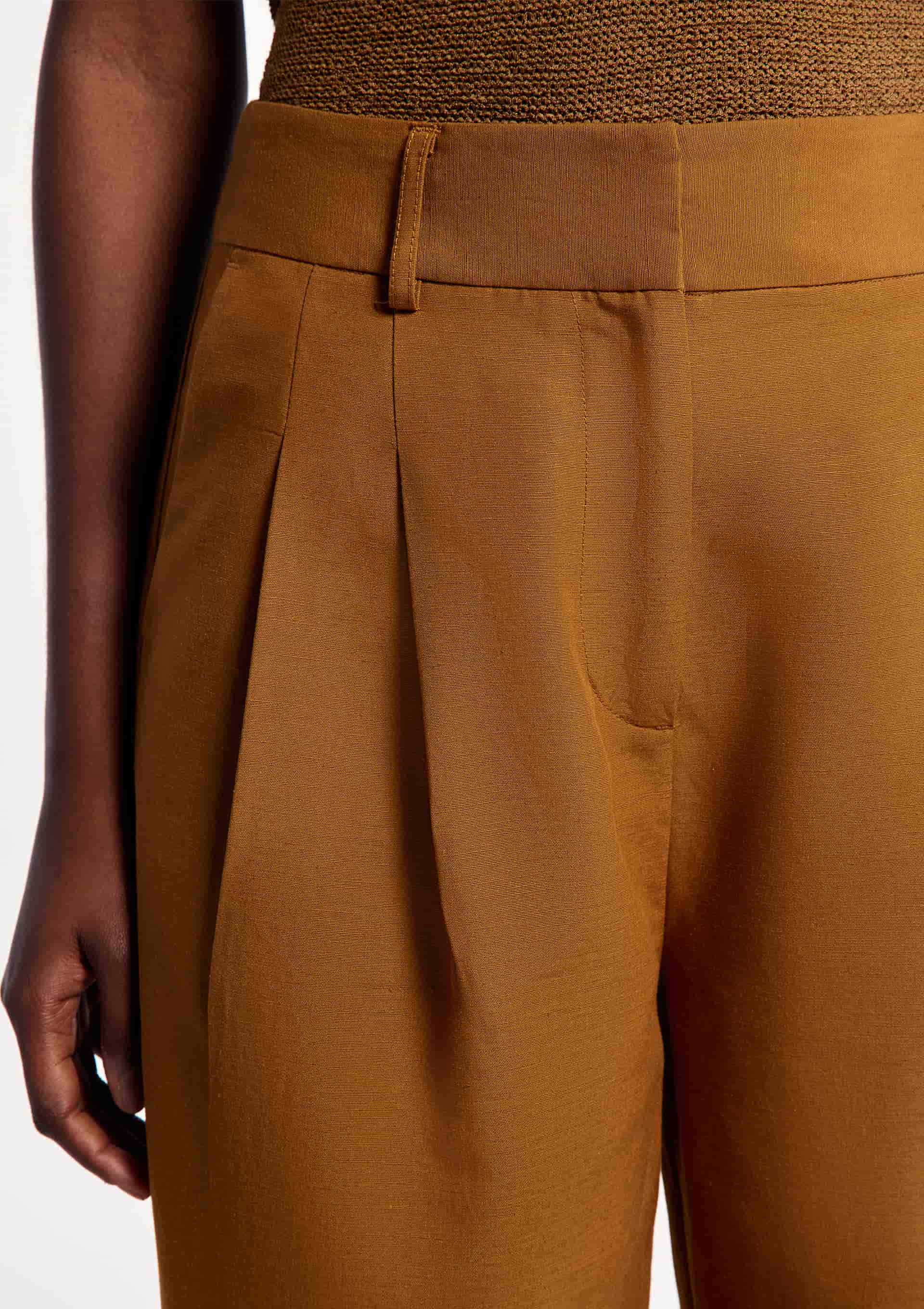 Calça Feminina Cintura Média Com Linho - Marrom