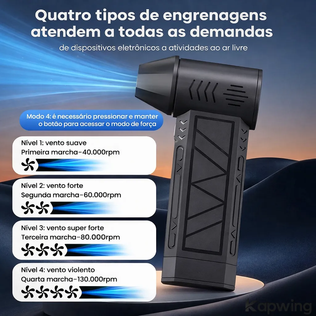 Mini Soprador Ventilador De Ar Turbo Jato 130000 Rpm Elétrico Sem Fio + 3 Potências Aspirador Bateria 3000mah Portátil Vento Forte Portátil Recarregavel Bico Magnético Cor Preto Kapwing