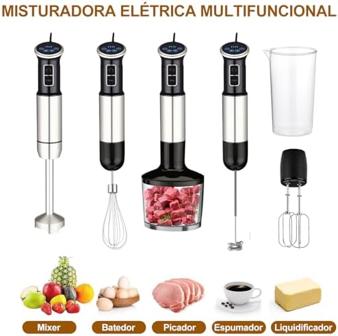 6 em 1 mixer de mão, 1000W, 8 velocidades, Exibição digital LCD, Vem com um copo de 860 ml, Triturador de 600 ml, Batedor de aço inoxidável com 4 pás, Adequado para sopas, smoothies e purés(127V)