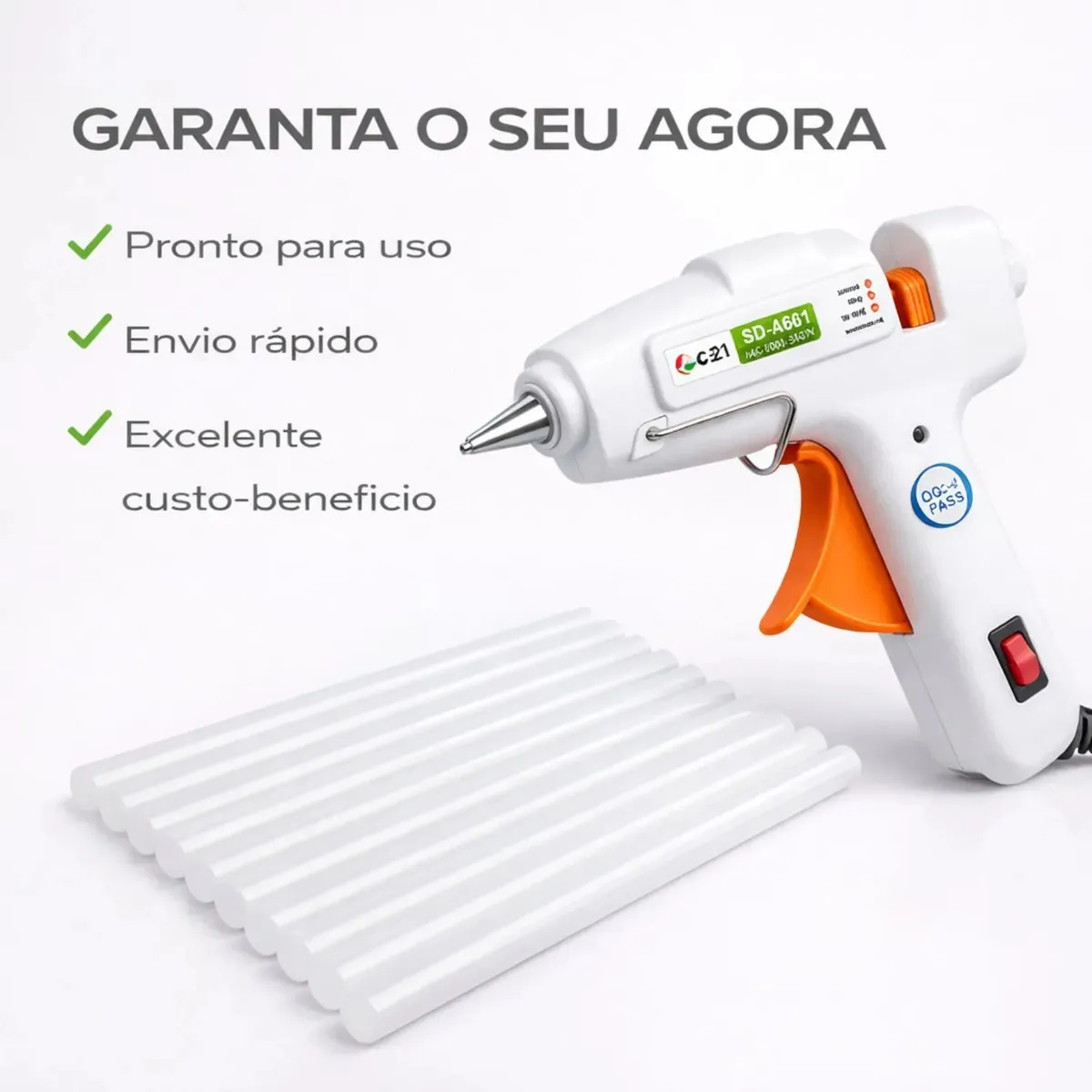 Kit Pistola Cola Quente 20W 7mm + 10 Bastões 30cm Bico Fino Liga Desliga Pronta Uso Artesanato