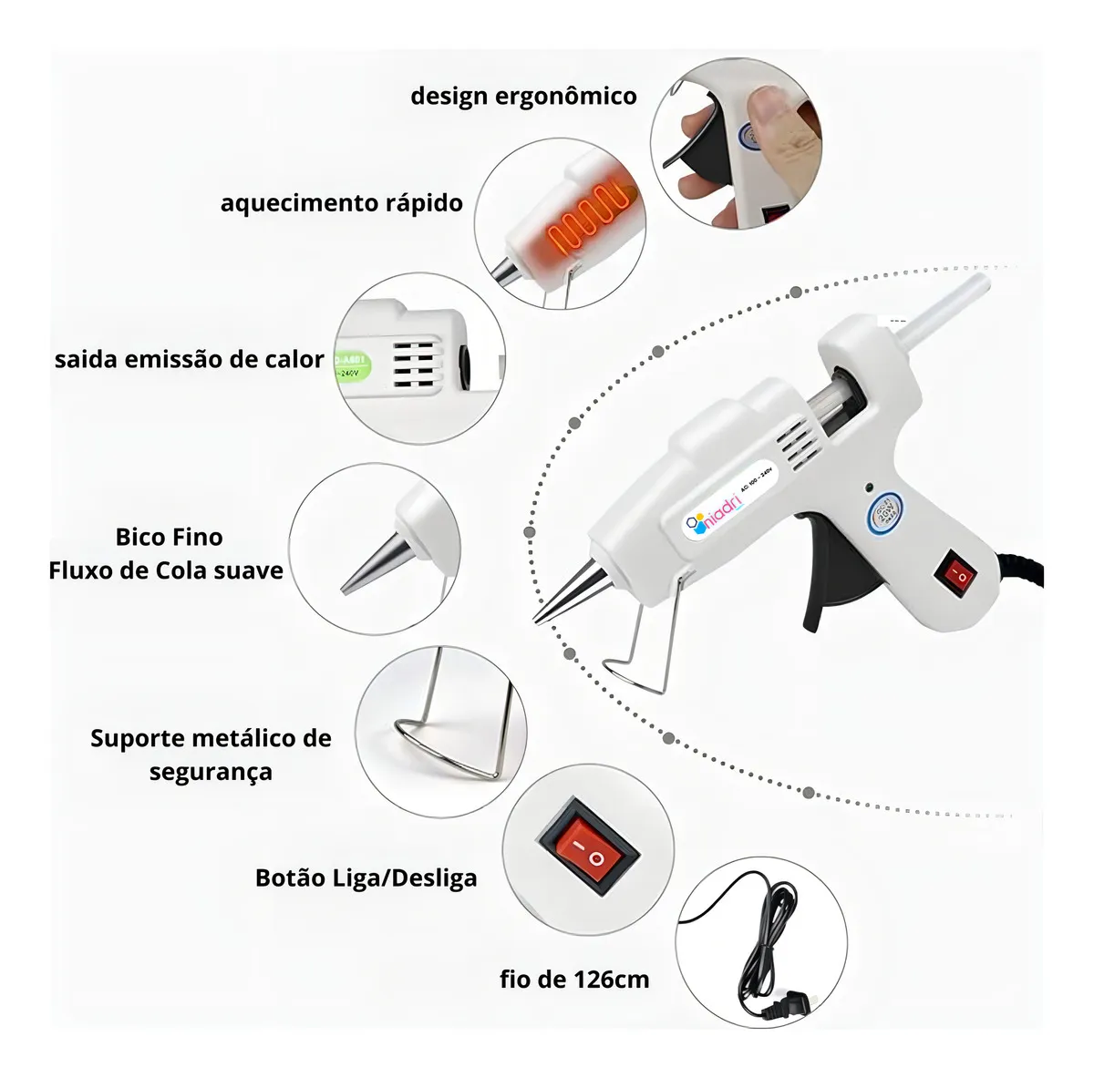 Kit Pistola Cola Quente 20W 7mm + 10 Bastões 30cm Bico Fino Liga Desliga Pronta Uso Artesanato