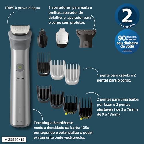Aparador de Pelos Multigroom 12 em 1 Philips Series 5000 para Rosto, Corpo e Cabelos, Tecnologia BeardSense, À Prova d´água - Bivolt, Máquina de Barba MG5950/15