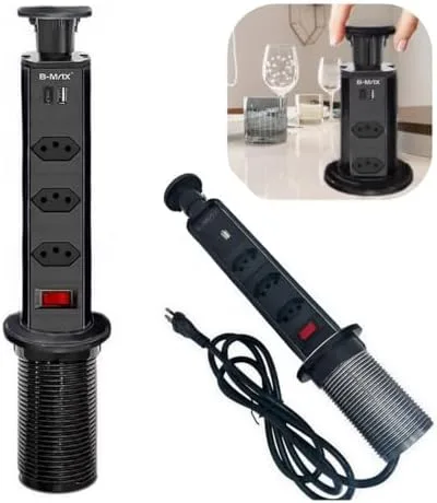 Torre De Tomadas Multiplug com 3 tomadas Usb + Usb C de Embutir Mesa Bancada escritorio (PRETA)