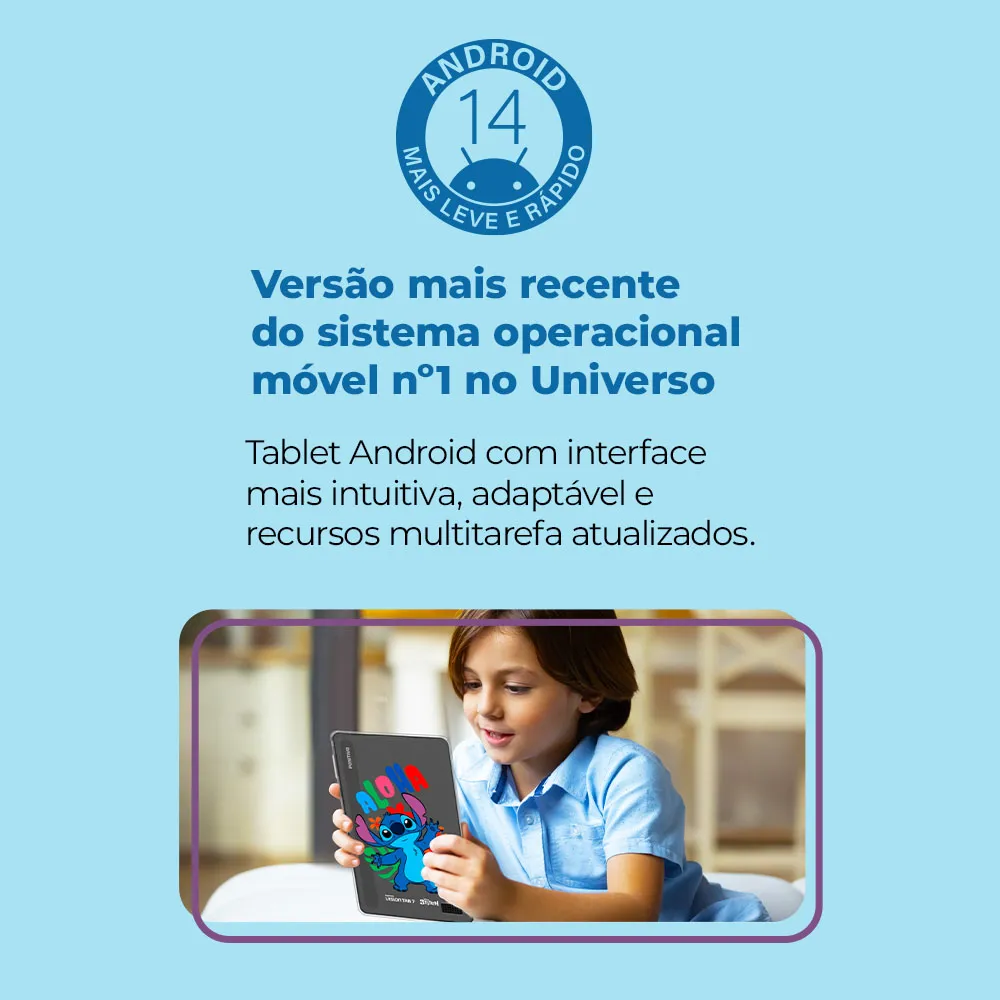 Tablet Infantil Stitch Positivo Vision Tab 7 - Processador Octa-Core 3GB RAM 64GB Armazenamento, Tela 7 IPS, Bateria 3100mAh, Android 14 GO, Wi-Fi - Inclui Capa de Proteção e Capa de Transporte