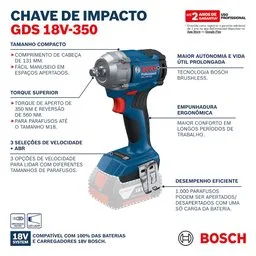 Chave de impacto 1/2Pol. GDS 18V-350 com 2 Baterias 18V e Maleta BOSCH-06019M50E1-000