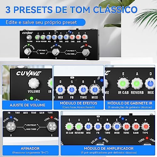 M-VAVE CUBE BABY VEDO Pedal de Efeitos para Guitarra Multifuncional e Portátil com Bateria Interna, 9 Modelos de Amplificador, Modulação Chorus/Phaser, Delay, Reverb, 8 Simulações de IR CAB