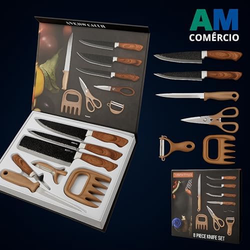 Kit Churrasco Premium 8 Peças – Conjunto Profissional de Facas Gourmet em Aço Inoxidável com Lâminas Antiaderentes e Corte Navalha – Amadeirado