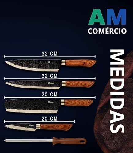 Kit Churrasco Premium 8 Peças – Conjunto Profissional de Facas Gourmet em Aço Inoxidável com Lâminas Antiaderentes e Corte Navalha – Amadeirado