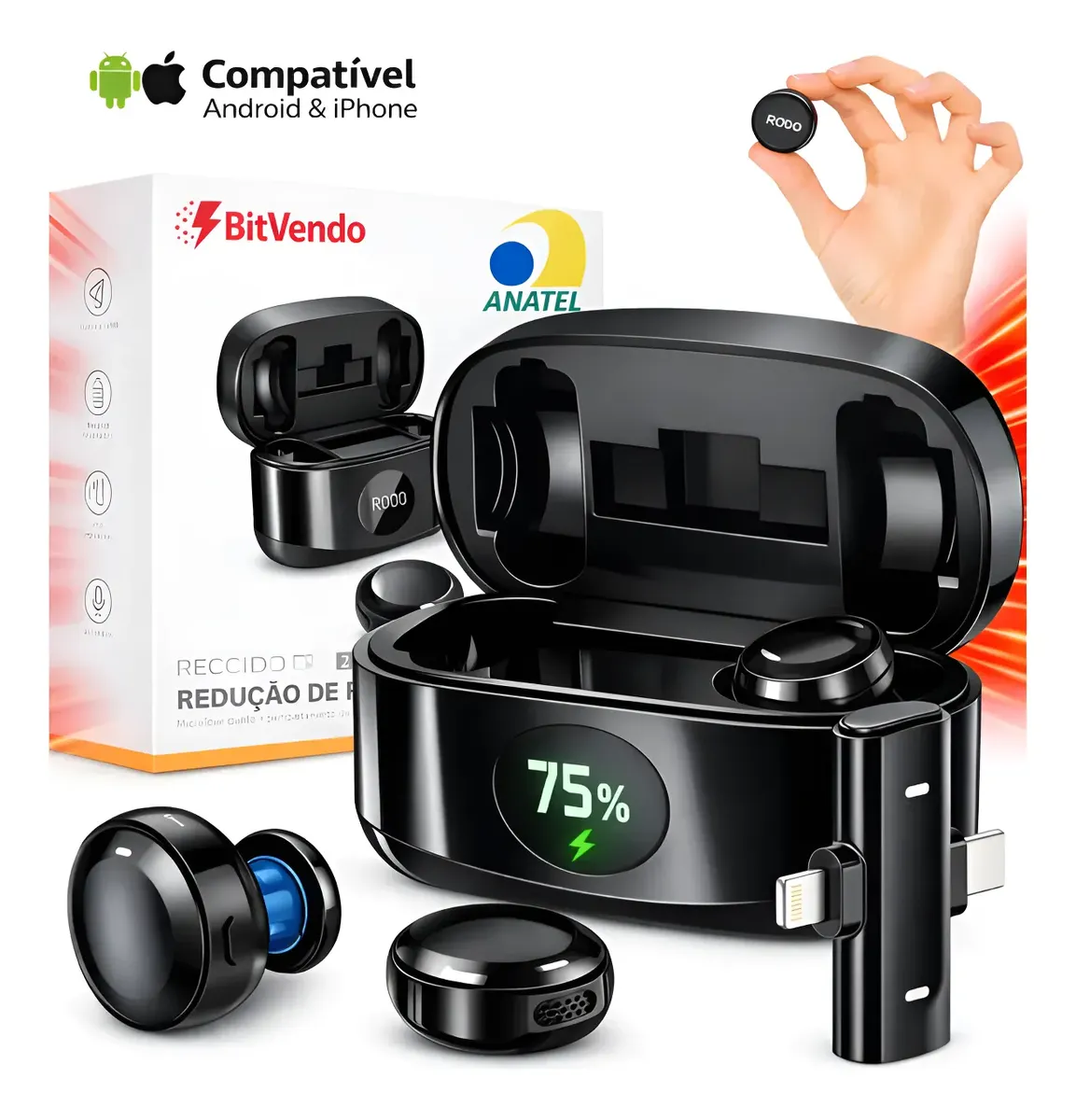 Microfone Lapela Sem Fio Duplo C/ Imã Antirruído Com Anatel