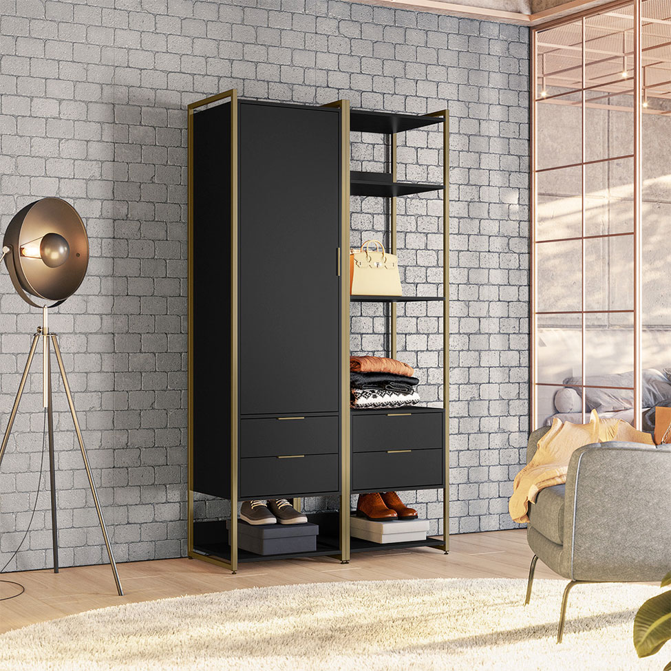 Guarda-Roupa Closet Industrial Mital 1 Porta 4 Gavetas Preto e Dourado