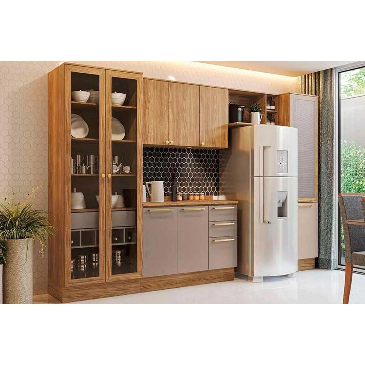 Cozinha Modulada Completa Botanic 6 Peças (2Aéreos+1Balcão+1Cristaleira+1Paneleiro+1Complemento) M661 Nogueira/Fendi - Kappesberg
