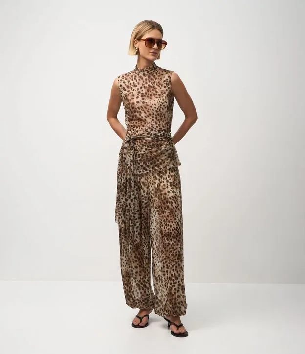 Calça Aladim em Tule com Cós Largo e Estampa Animal Print