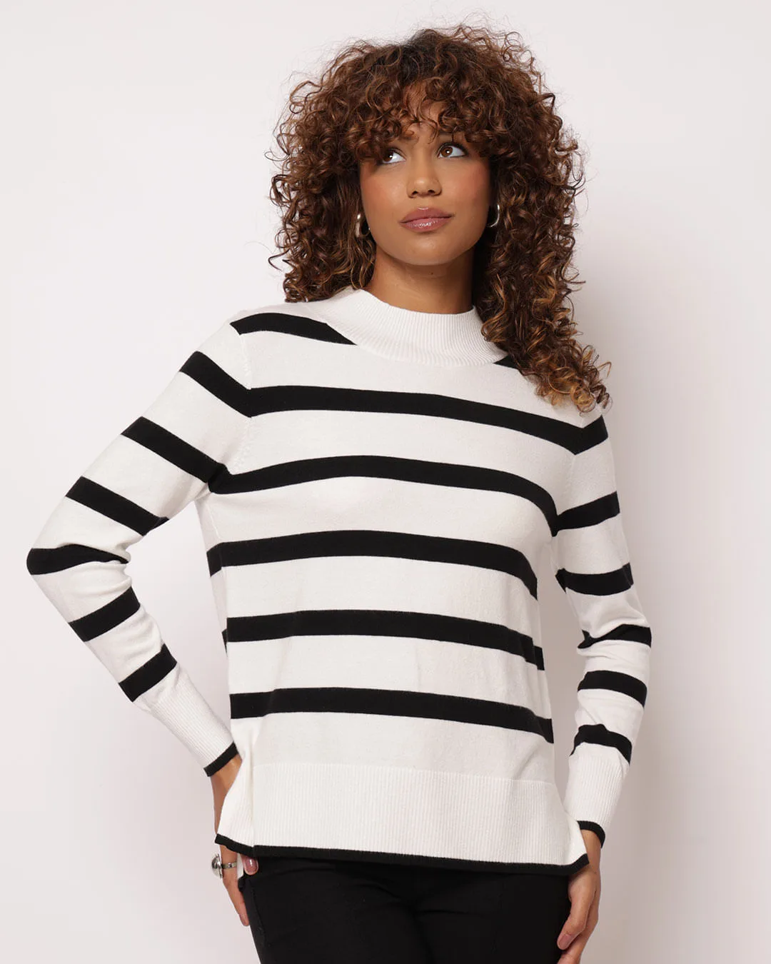 Suéter Feminino Tricô Canelado Listrado Branco
