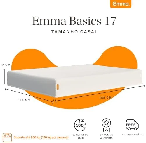 Colchão Casal Emma Basics 17 cm - 138x188 cm, Espuma D28 17cm com Tecnologia Alemã, Firmeza Ideal, Suporte Confortável, 100 Noites de Teste e 5 Anos de Garantia