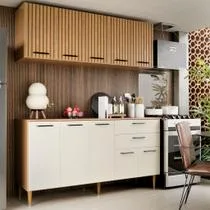 Armário de Cozinha Completo Bela 140cm com Aéreo Ripado Balcão 3 Portas e 2 Gavetas com Corrediça MDF MDP Design Moderno para Cozinha