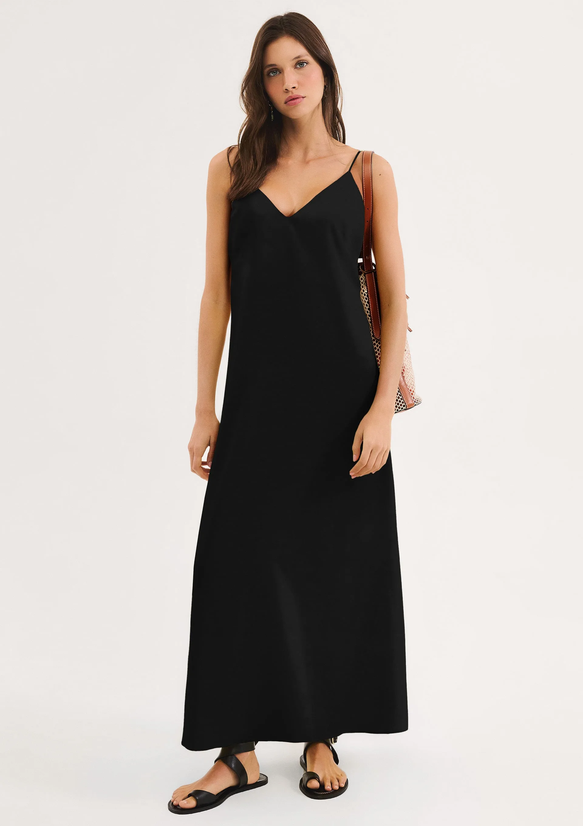 Vestido Longo Decote V Texturizado - Preto