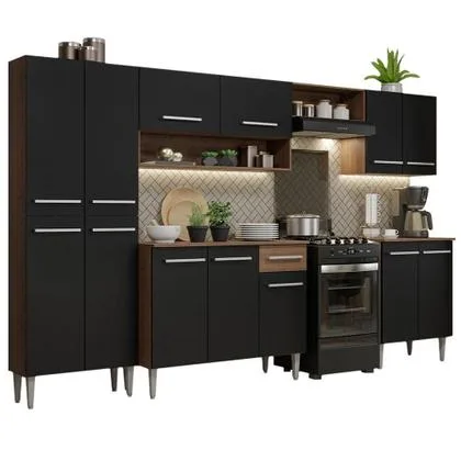 Armário de Cozinha Completa Madesa Emilly 293001 com Balcão e Paneleiro - Rustic/Preto