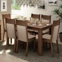 Conjunto Sala de Jantar Mesa Tampo de Madeira 6 Cadeiras Rustic/Crema/Bege Jaíne Madesa