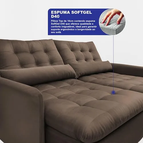 Sofá Sem Caixa 2,00m SoftGel Celeste. Velusoft Cama inBox - Marrom