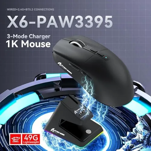 ATTACK SHARK X6 Mouse 49g SUPERLIGHT com dock de carregamento magnético, sensor de jogos PixArt PAW3395, mouse para jogos sem fio/com fio BT/2.4G, 26000 DPI, HUANO Switch, para Win11/Xbox/Mac(preto)
