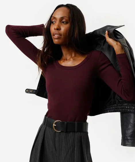 blusa básica feminina de algodão manga longa vinho