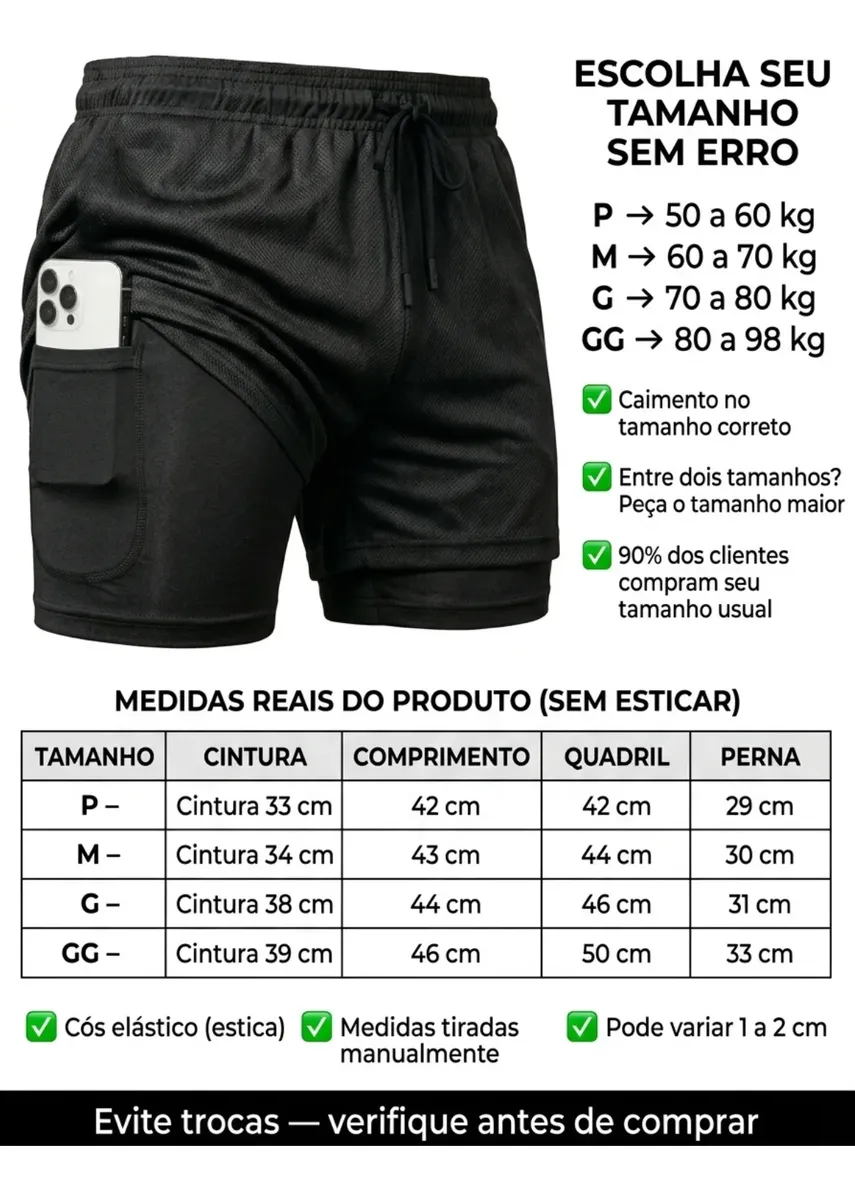 Kit 3 Shorts 2 Em 1 Duplo Bolso Para Academia Treino Corrida