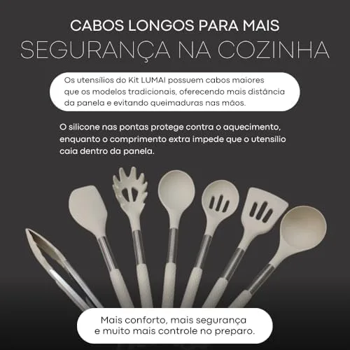 LUMAI Kit 8 Utensílios de Cozinha Grandes em Silicone e Aço Inox, Resistentes ao Calor, Antiderrapantes e Antirriscos, Acessórios de Cozinha Espátula, Colher, Pegador de Massa, Concha e Mais – Bege